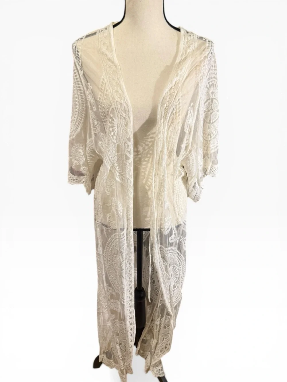 Sheer Lace Long Duster in Eggshell - Picture 1 of 6